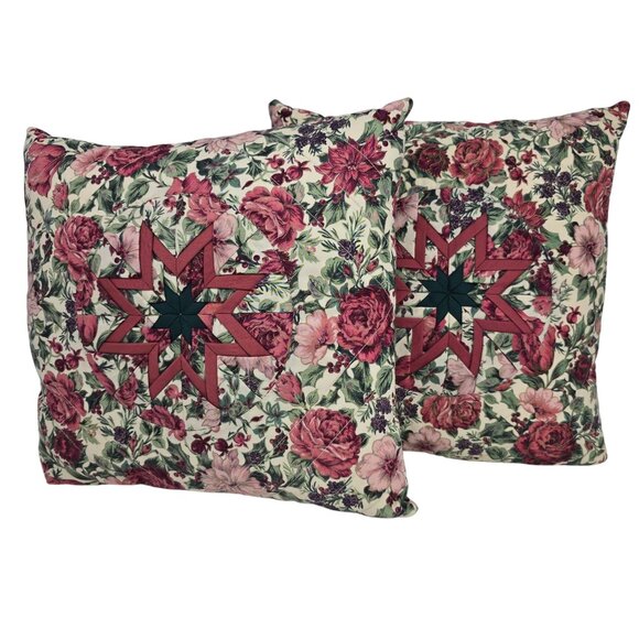 Handmade Quilted 14" Square Throw Pillow Floral Folded Star Starburst Pair 2 - Picture 2 of 11
